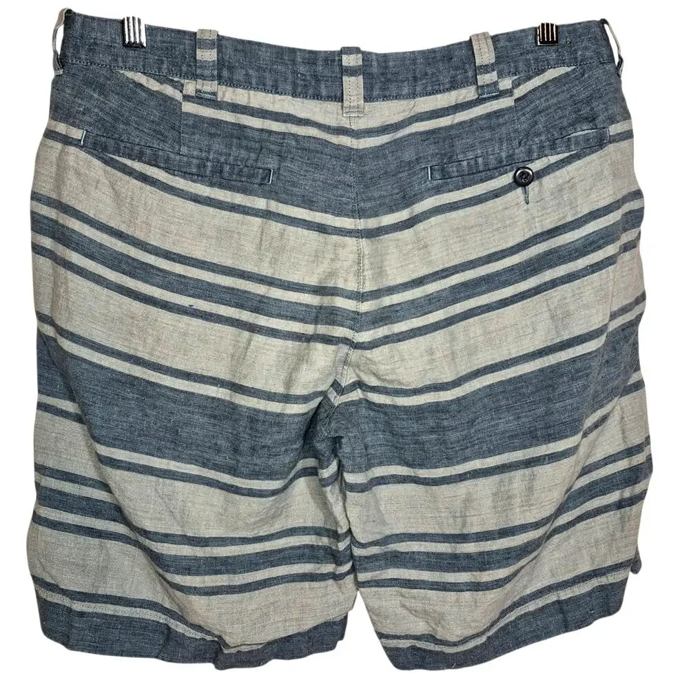 J Crew Stanton Men's 100% Linen Shorts Blue/ Gray Striped 33